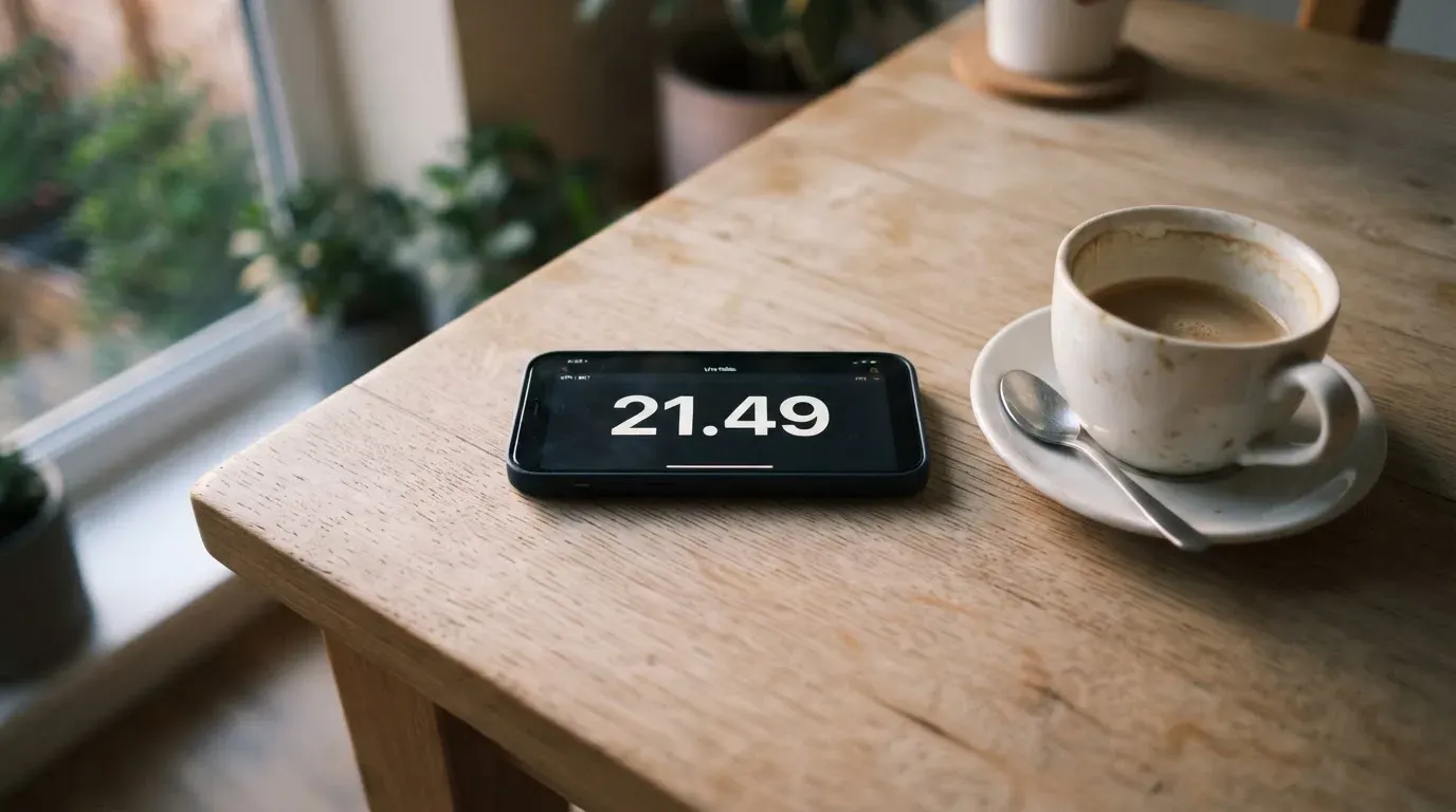 Ein Smartphone mit dunklem Display liegt auf einem Holztisch neben einer Tasse Kaffee, am Fenster fällt Abendlicht.