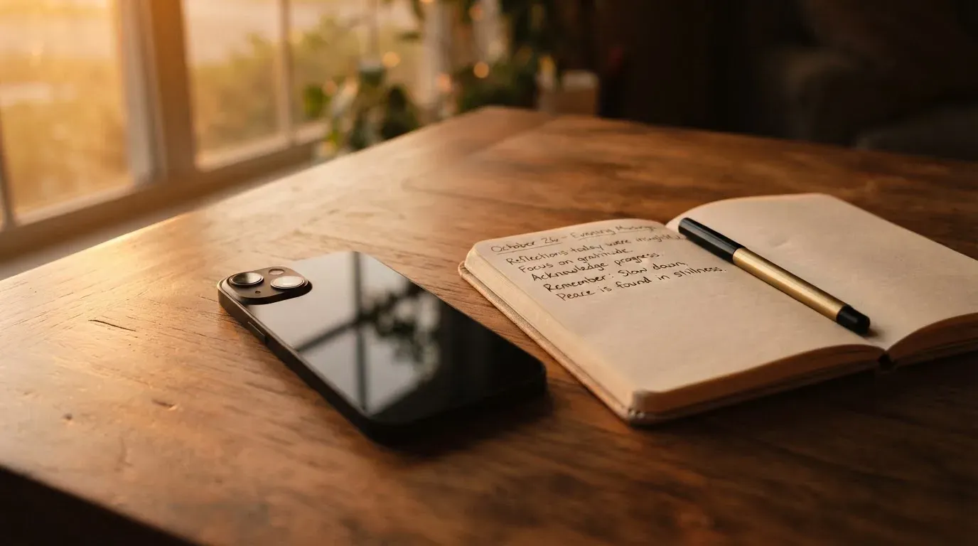 Ein Smartphone mit dunklem Display liegt auf einem Holztisch neben einem Notizbuch, durch das Fenster fällt Abendlicht.