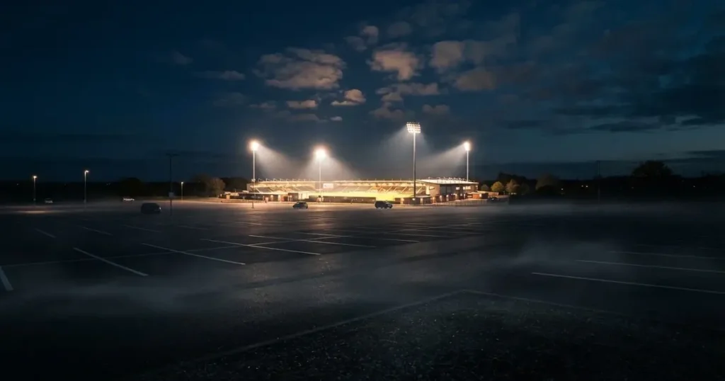 Ein Fußballstadion unter Flutlicht aus großer Entfernung gesehen, die Lichtkegel stehen im dunklen Abendhimmel über leeren Parkplätzen.