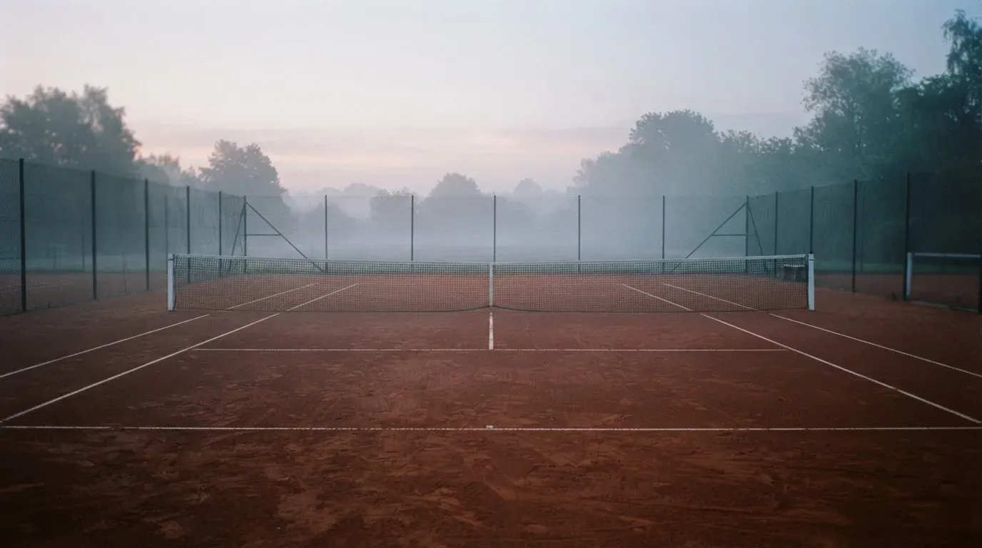 Ein Tennisplatz im Morgengrauen mit Netz und Linien, über dem Sandboden liegt leichter Nebel und niemand ist zu sehen.