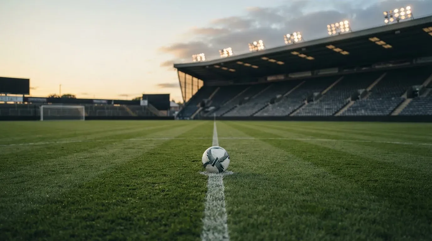 Ein Fußball liegt auf dem Anstoßpunkt eines leeren Rasenplatzes, im Hintergrund eine menschenleere Tribüne im weichen Abendlicht.
