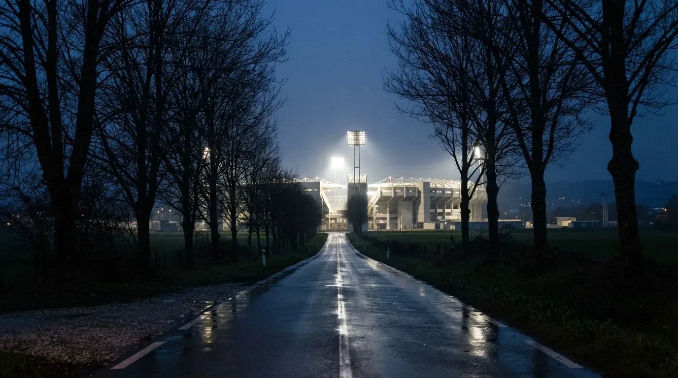 Ein Stadion unter Flutlicht aus großer Entfernung gesehen, davor eine dunkle Landstraße und einzelne Bäume in der Dämmerung.
