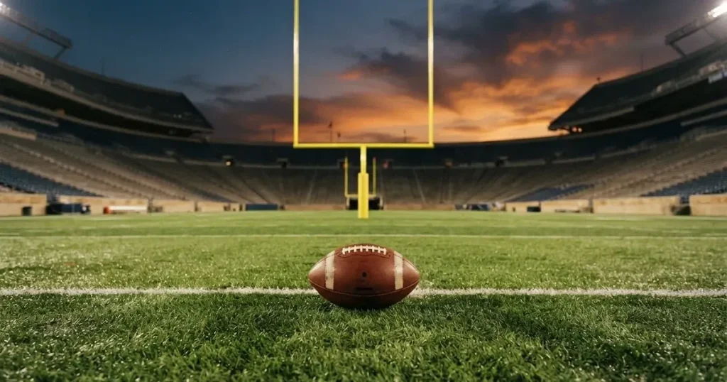 Ein ovaler Football liegt auf dem Rasen vor den gelben Torstangen eines leeren Stadions in der Abenddämmerung.