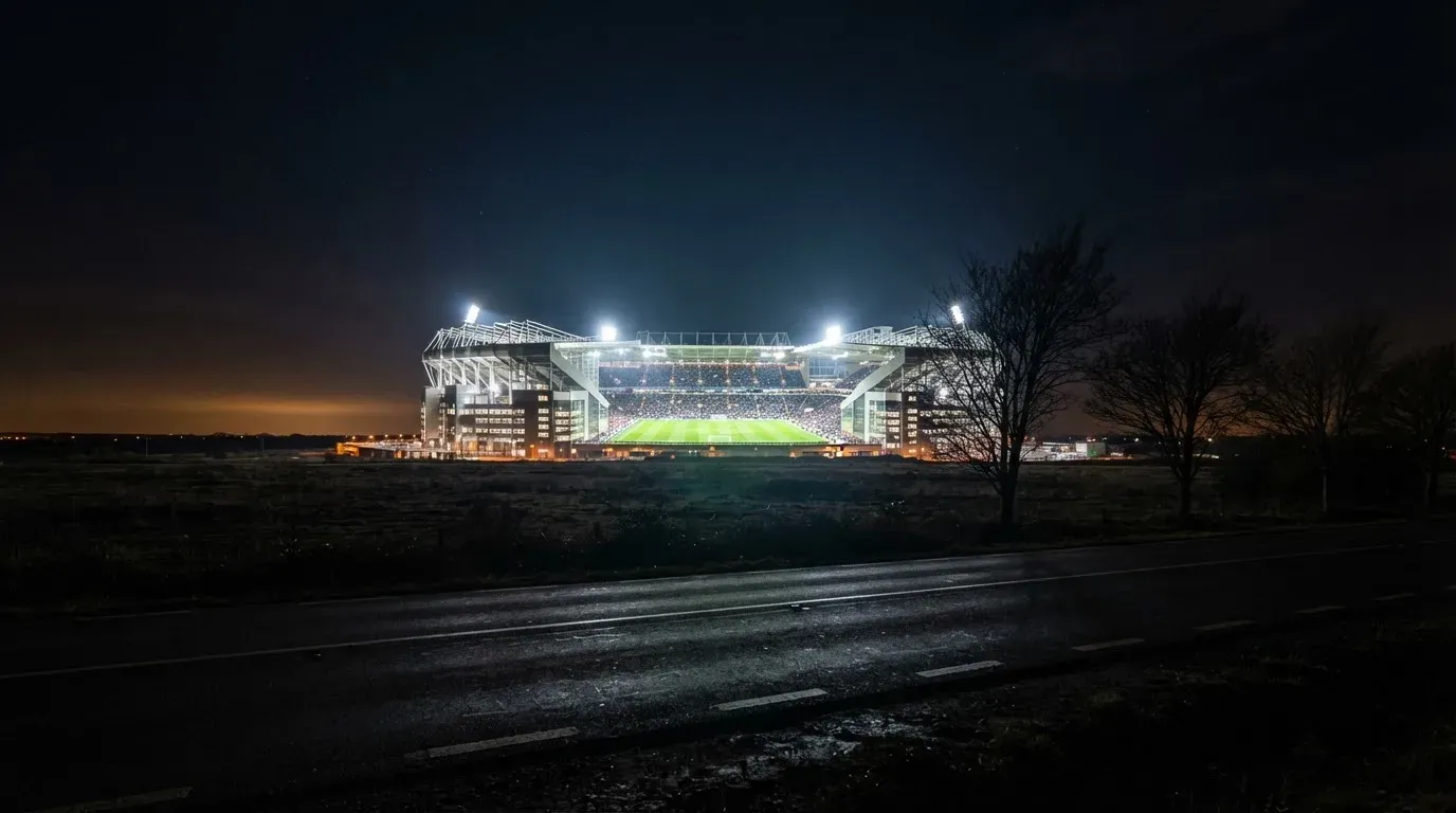 Ein großes Stadion unter Flutlicht aus weiter Entfernung gesehen, davor eine dunkle Landstraße und ein paar Bäume.