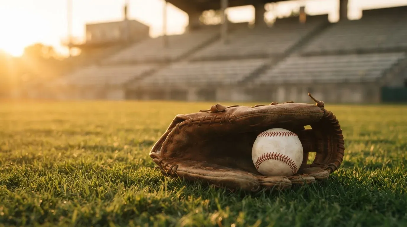 Ein Baseball liegt auf dem Rasen neben einem Lederhandschuh ohne Aufschrift, im Hintergrund eine leere Tribüne im Abendlicht.