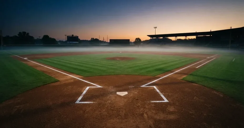 Ein leeres Baseballfeld mit Sandfläche, Basen und weißen Linien in der Morgendämmerung, über dem Rasen liegt leichter Nebel.