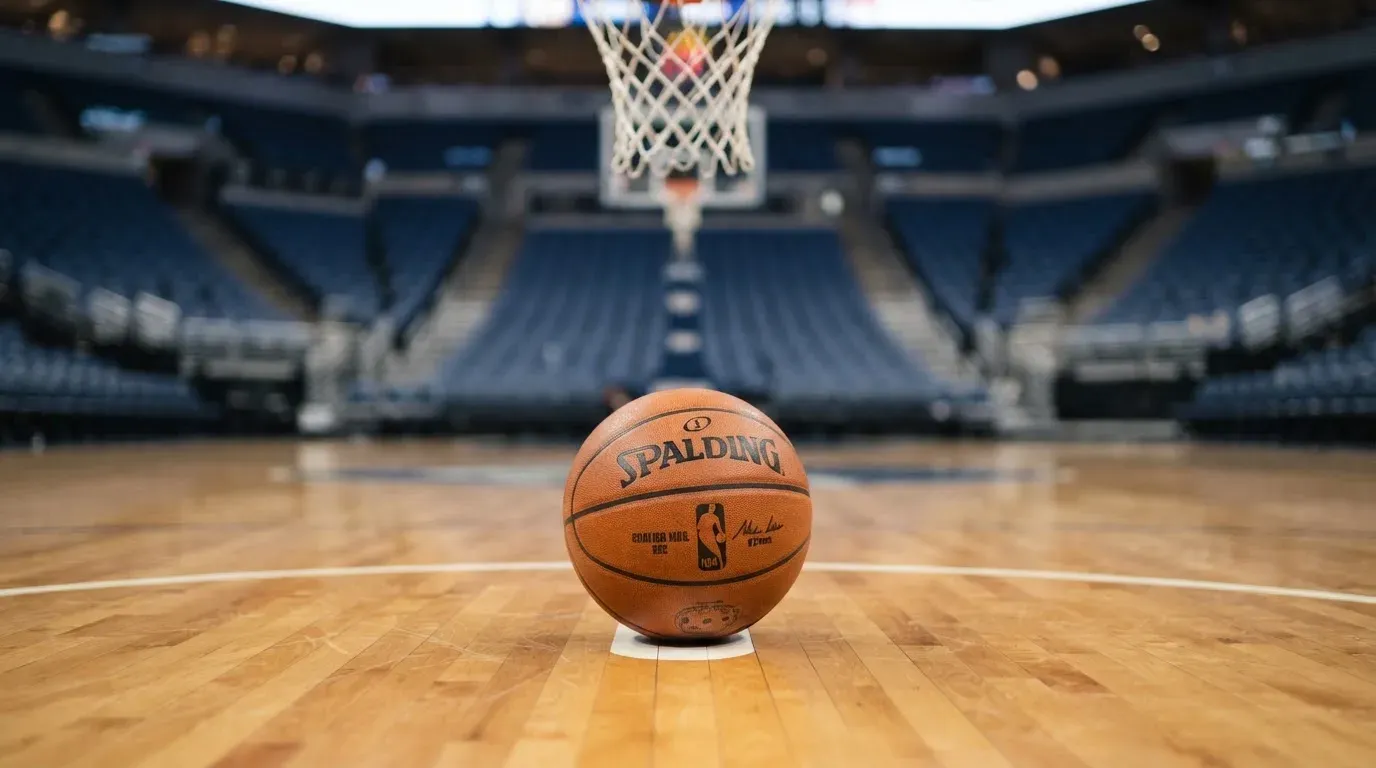 Ein orangefarbener Basketball liegt auf einem Hallenboden unter dem Netz eines Korbs, im Hintergrund unscharf leere Sitzreihen.
