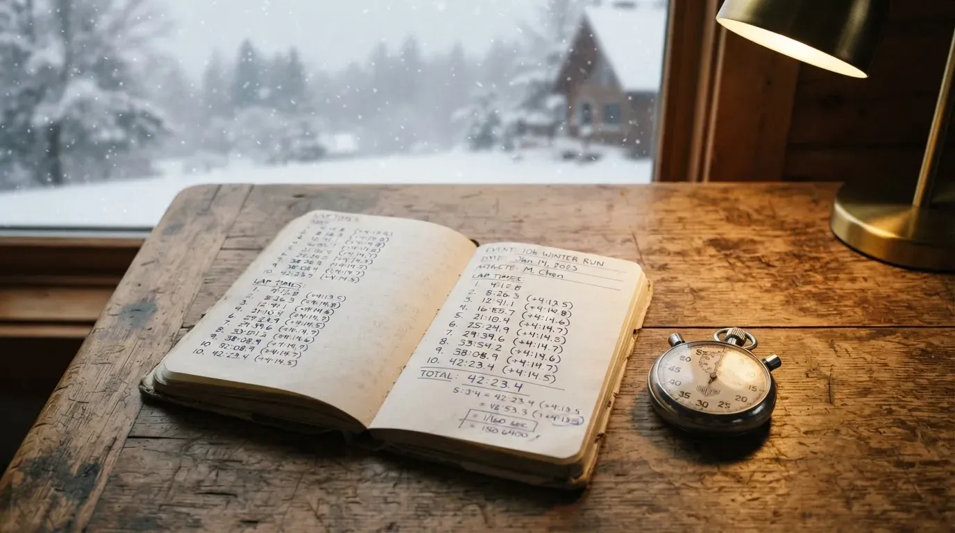 Ein Notizbuch mit handschriftlichen Zeiten liegt neben einer Stoppuhr auf einem Holztisch, draußen vor dem Fenster fällt Schnee.