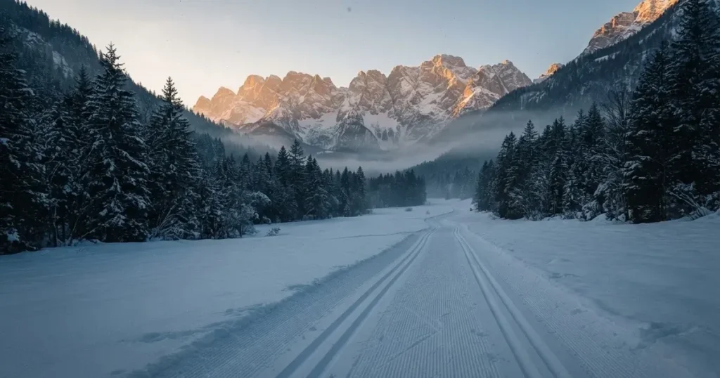 Eine verschneite Loipe im Morgenlicht mit gespurter Spur, im Hintergrund dunkler Nadelwald und eine Bergkette ohne Menschen.