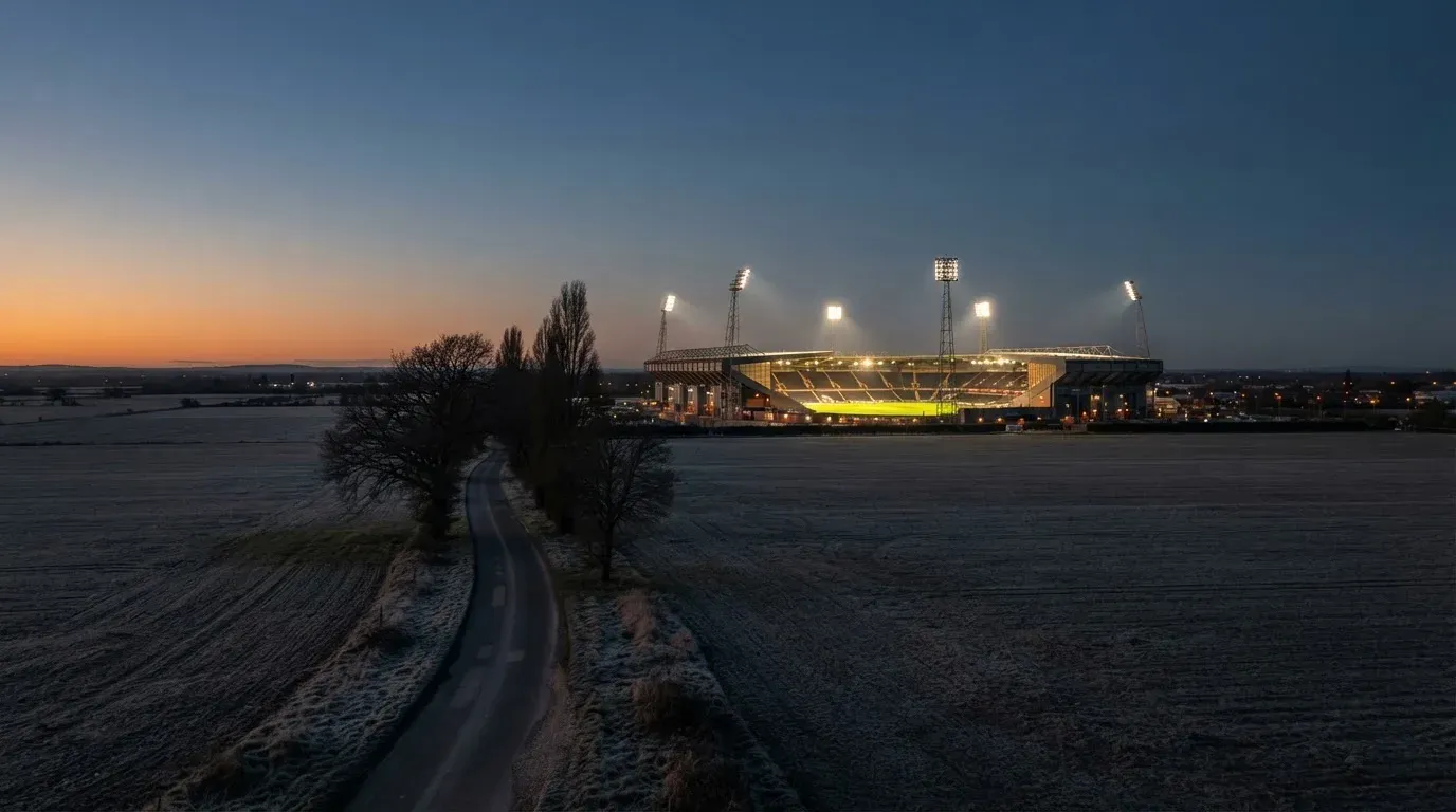 Ein Fußballstadion unter Flutlicht aus großer Entfernung gesehen, davor Felder und eine ruhige Straße in der Dämmerung.