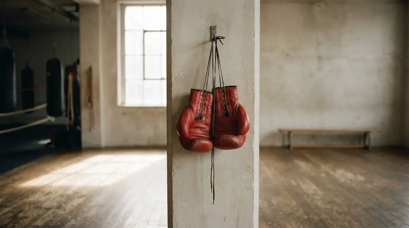 Ein Paar Boxhandschuhe hängt an einem Haken in einer leeren Trainingshalle, durch ein Fenster fällt Tageslicht auf den Boden.