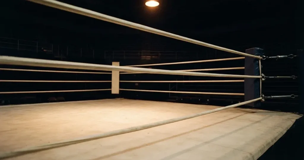 Ein leerer Boxring mit gespannten Seilen unter einer Hallenlampe, der Ringboden ist im Licht gut zu erkennen, niemand ist zu sehen.