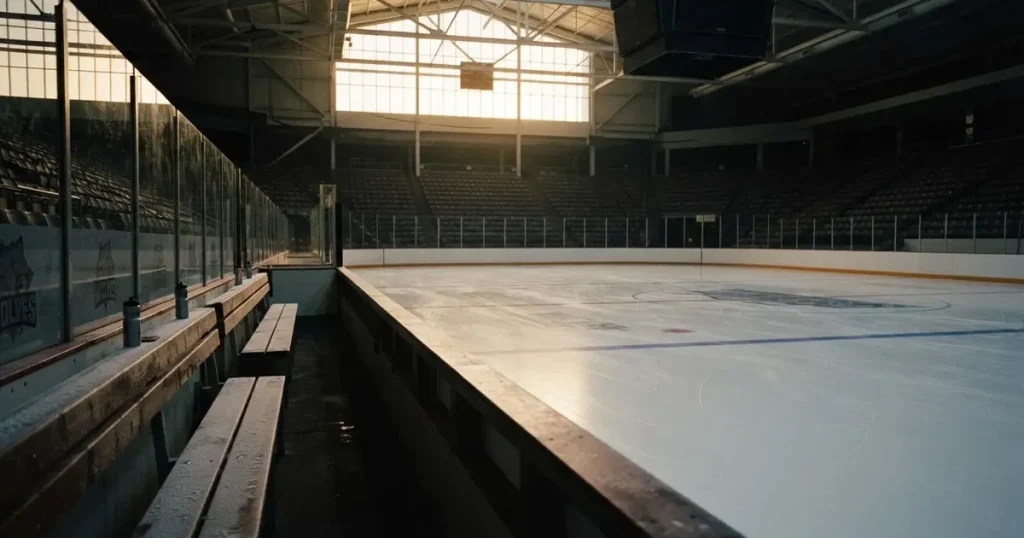 Eine zugefrorene Eisfläche am Rand eines Eishockeyfelds im Morgenlicht, Banden und leere Spielerbänke von der Seite fotografiert.