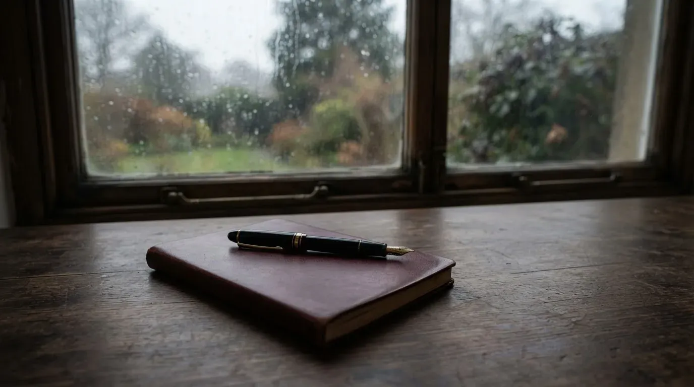 Ein Schreibtisch mit Füllfeder und geschlossenem Notizbuch vor einem Fenster an einem regnerischen Tag, kein Text erkennbar.