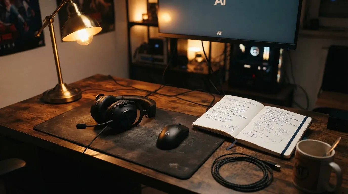 Ein Headset und eine Computermaus liegen auf einem Schreibtisch neben einem Notizbuch mit handschriftlichen Notizen, Lampenlicht am Abend.