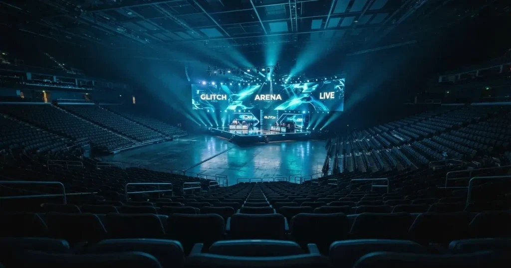Eine leere Arena von hinten gesehen, Sitzreihen und eine große Bühne in blauem Scheinwerferlicht, keine Personen im Bild.
