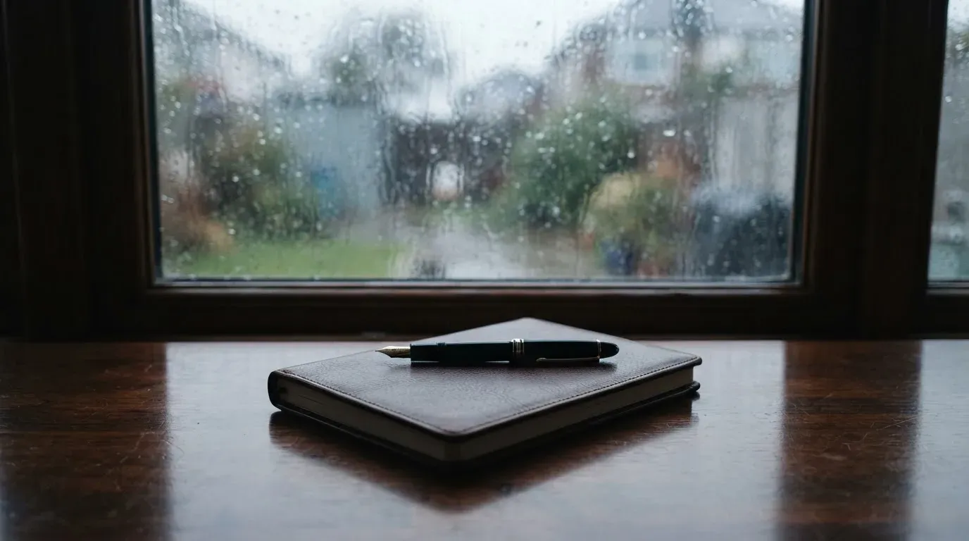 Ein Schreibtisch mit Füllfeder und geschlossenem Notizbuch vor einem regennassen Fenster, die Szene ist ruhig und ohne lesbaren Text.