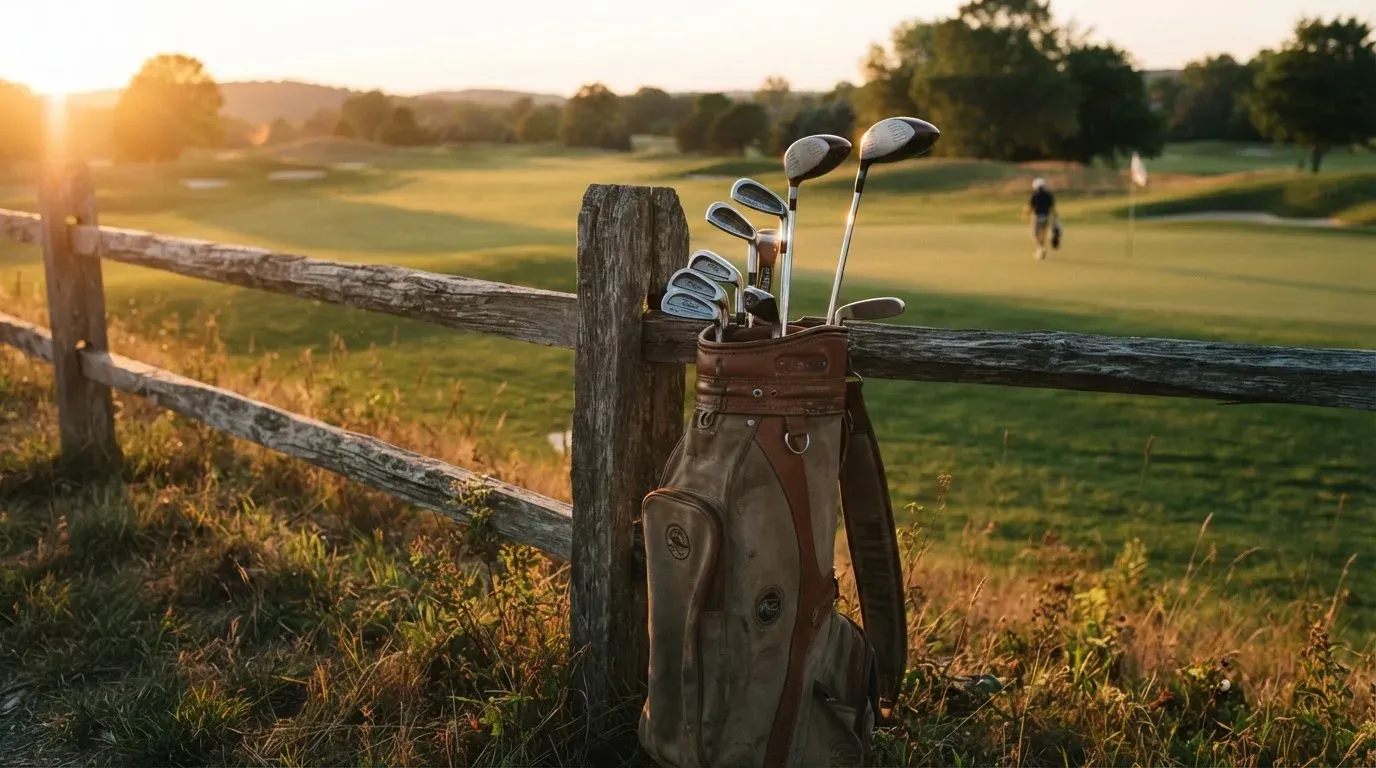 Ein Golfbag mit Schlägern lehnt an einem Holzzaun am Rand einer Spielbahn, tiefstehende Sonne von der Seite.