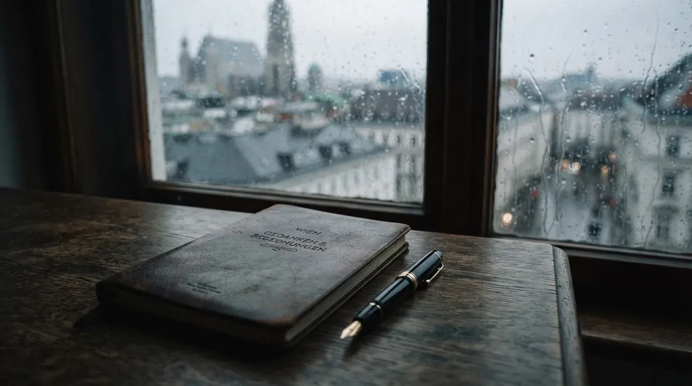 Ein Schreibtisch mit Füllfeder und geschlossenem Notizbuch vor einem Fenster an einem regnerischen Tag, ohne lesbaren Text.