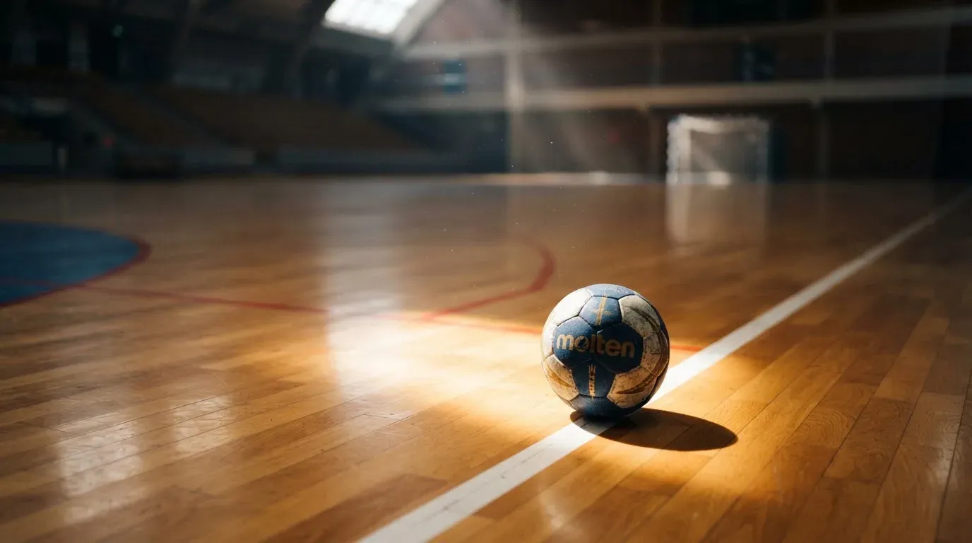 Ein Handball liegt auf dem Parkett einer Halle neben einer Spielfeldlinie, Licht fällt von oben ein.