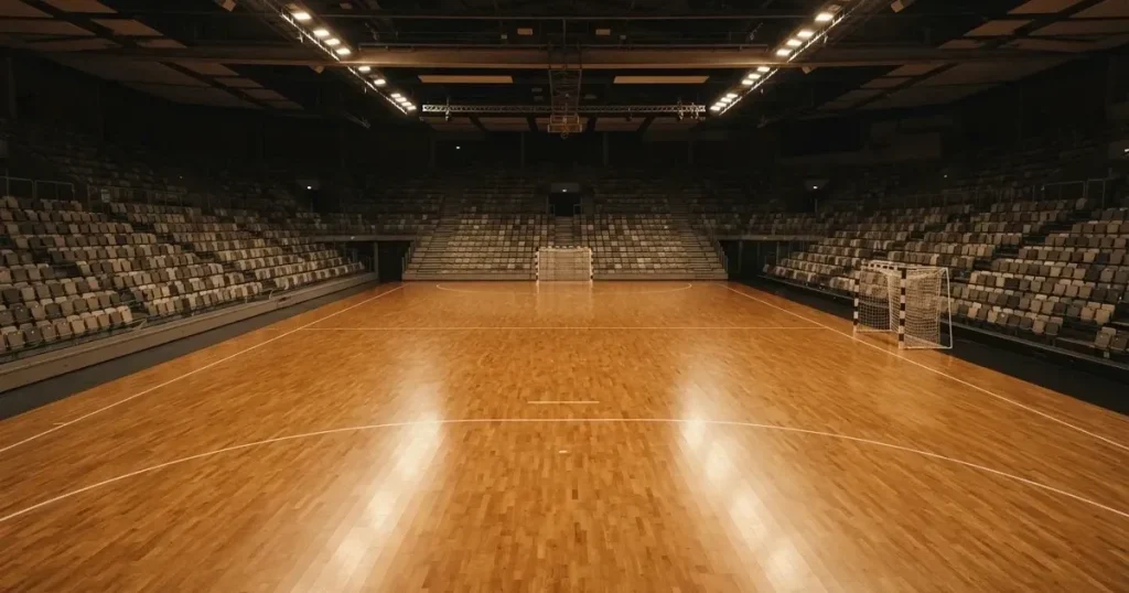 Eine leere Handballhalle von der Tribüne aus gesehen, der Hallenboden glänzt, an beiden Enden stehen Tore.