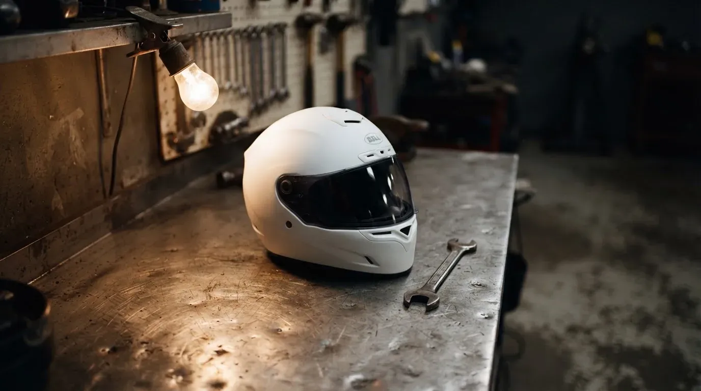 Ein Helm ohne Aufdruck steht auf einem Metalltisch in einer Werkstatt, daneben ein Schraubenschlüssel im Licht einer Lampe.