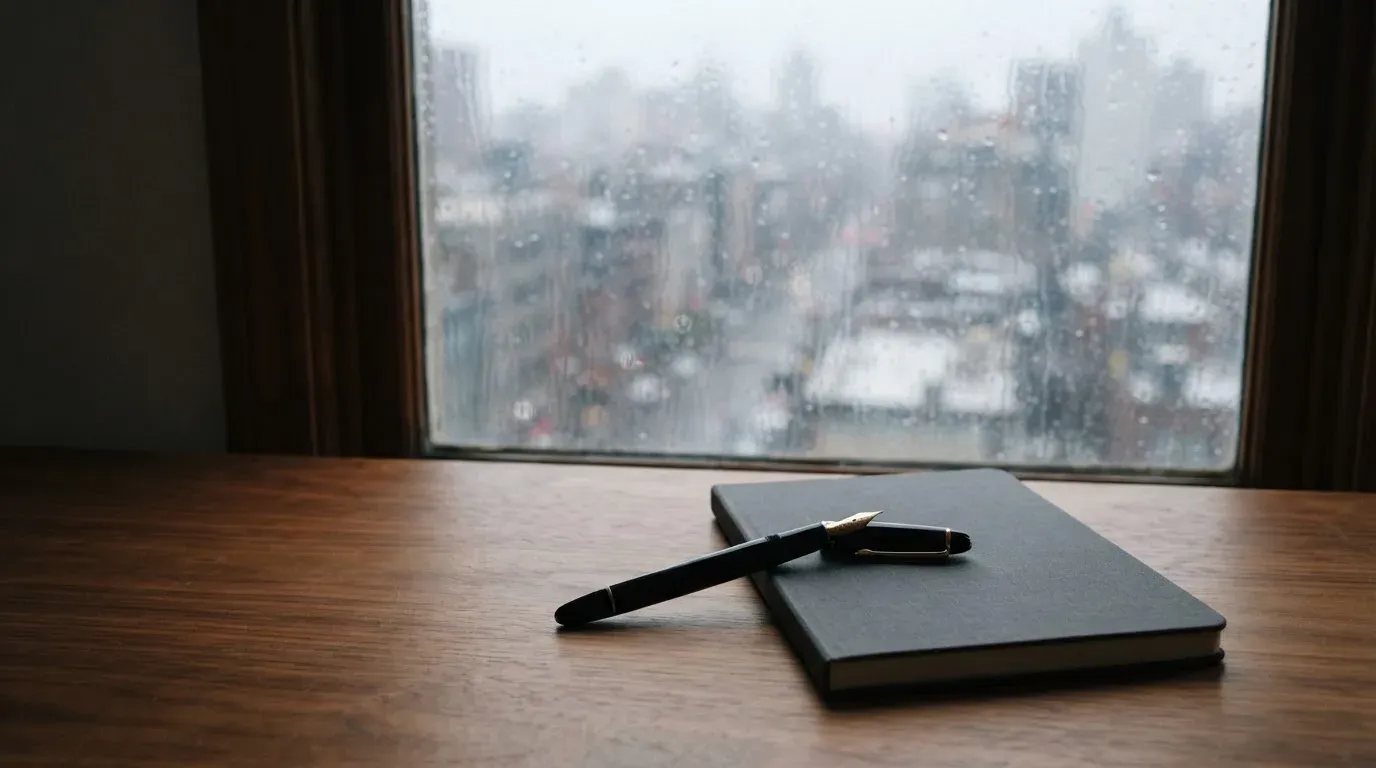 Ein Schreibtisch mit Füllfeder und geschlossenem Notizbuch vor einem regennassen Fenster, die Szene ist ruhig und ohne lesbaren Text.