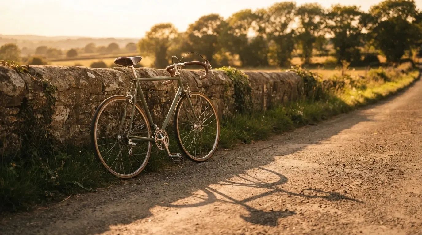 Ein Rennrad lehnt an einer Steinmauer am Straßenrand, die Sonne steht tief und wirft einen langen Schatten.