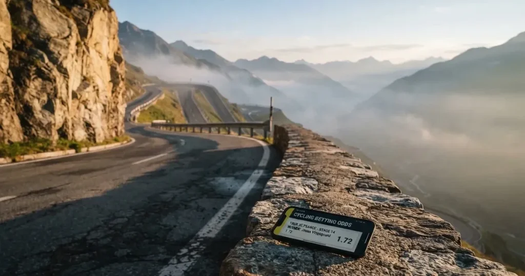 Eine leere Bergstraße in Serpentinen im Morgenlicht, links eine Felswand, rechts ein niedriger Steinzaun über dem Tal.