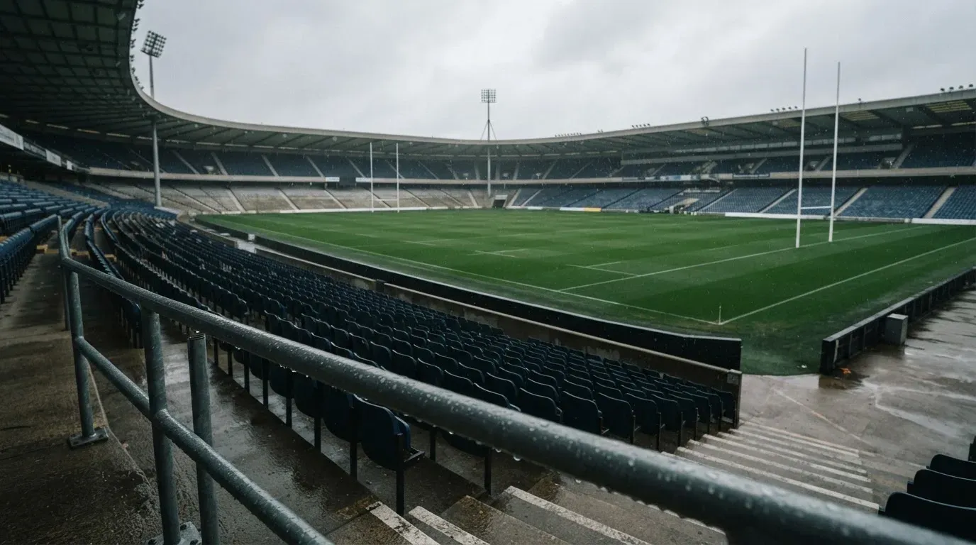 Die leere Tribüne eines Stadions mit Torstangen im Hintergrund, feiner Regen fällt über den Rängen.