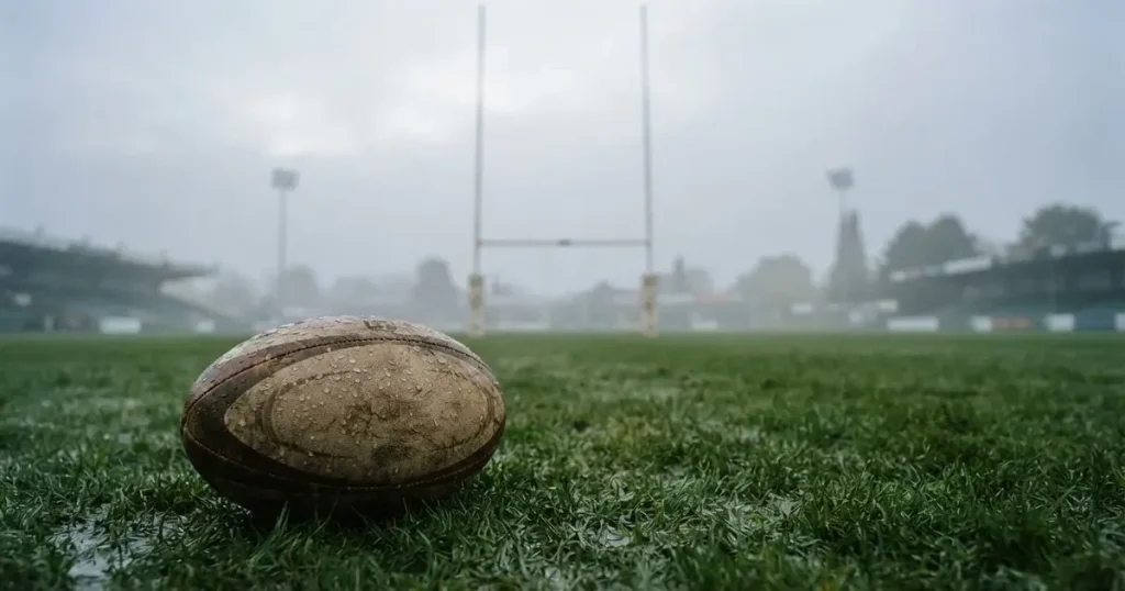 Ein ovaler Rugbyball liegt auf nassem Rasen vor den Torstangen, Nebel hängt über dem Platz am Morgen.