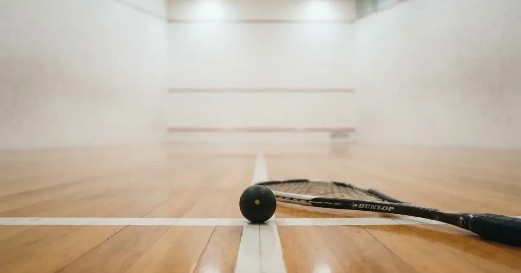 Squashhalle mit weißen Wänden und hellem Holzboden, ein kleiner schwarzer Gummiball liegt neben einem Schläger auf der Linie, weiches Hallenlicht.