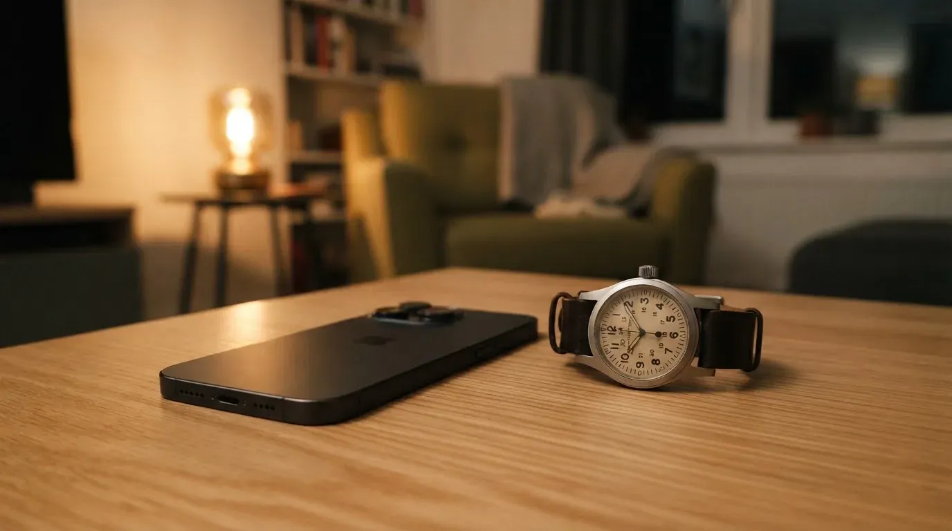 Ein Smartphone liegt mit dem Display nach unten auf einem Tisch neben einer Armbanduhr, im Hintergrund eine ruhige Wohnzimmerecke am Abend.