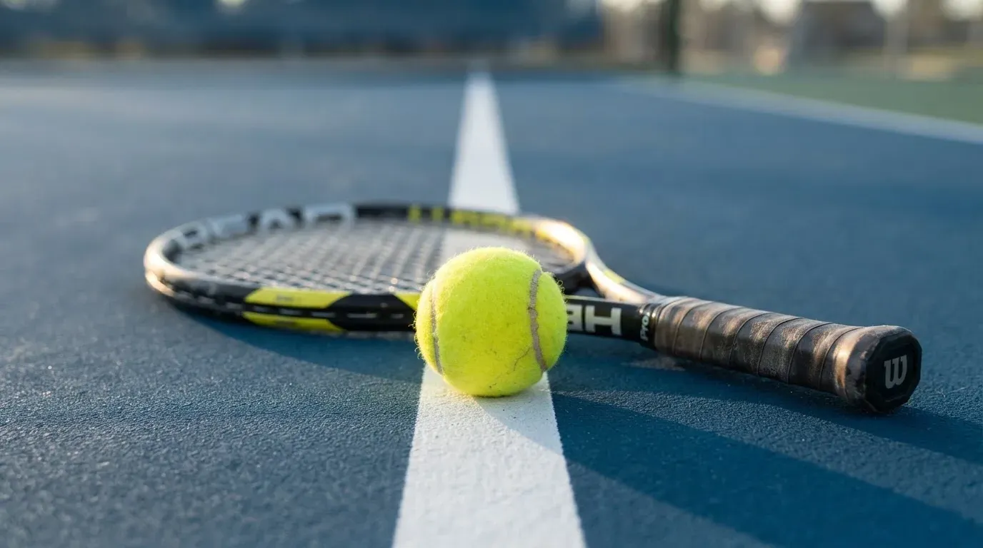 Ein gelber Tennisball liegt auf der weißen Linie eines Hartplatzes, davor ein Schläger mit der Bespannung nach oben, flaches Gegenlicht.