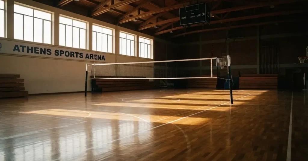 Eine leere Volleyballhalle mit gespanntem Netz und glänzendem Parkettboden, Licht fällt durch hohe Fenster, kein Mensch zu sehen.