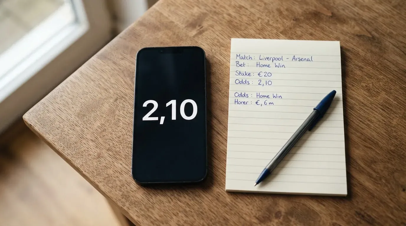 Ein Smartphone mit dunklem Display liegt auf einem Holztisch neben einem Notizblock und einem Stift, Tageslicht von links.