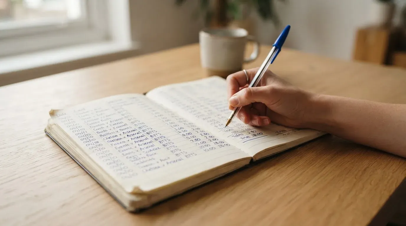 Ein Notizbuch mit handschriftlichen Zahlenreihen liegt neben einem Taschenrechner auf einem hellen Tisch, Tageslicht fällt von der Seite.