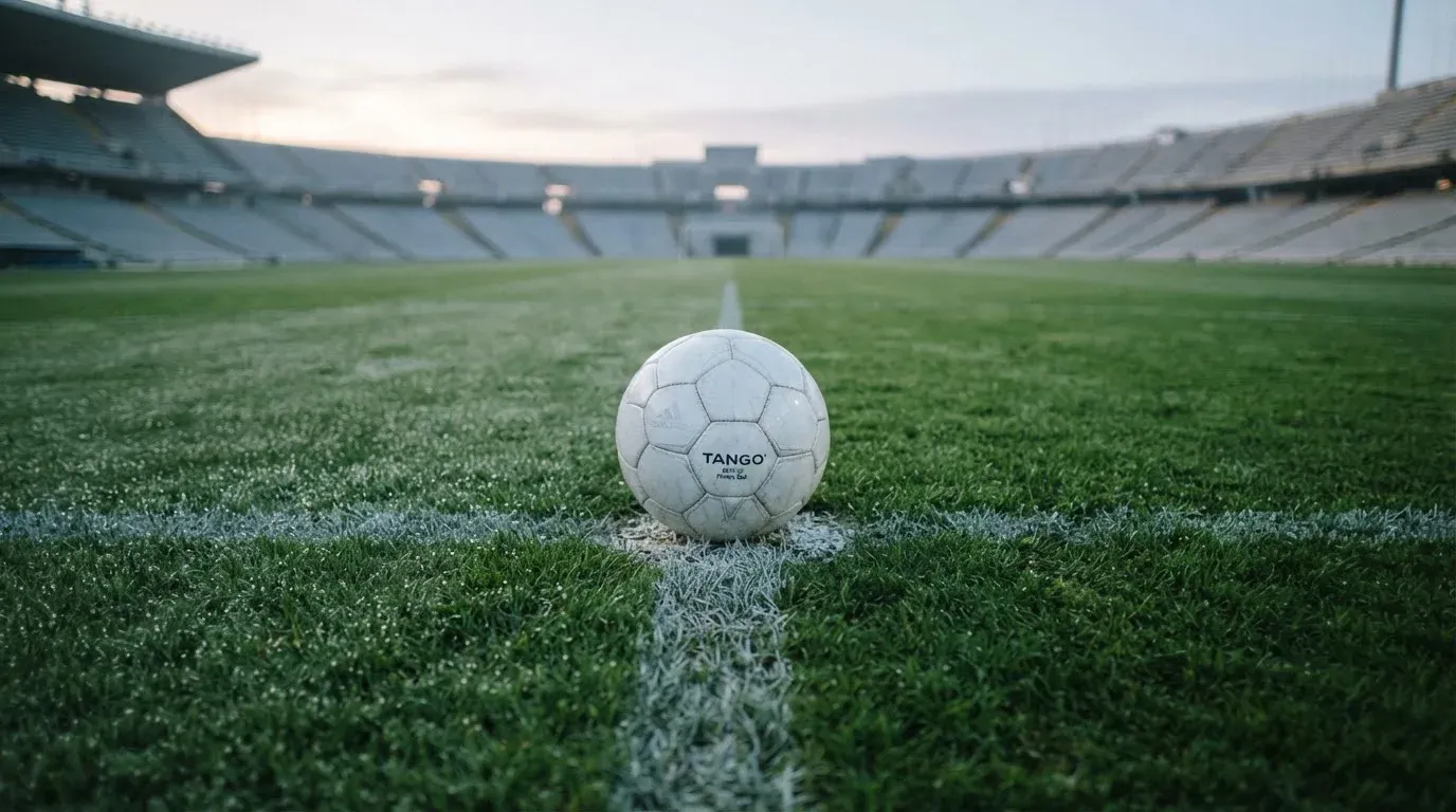 Ein Fußball auf dem Mittelpunkt eines Rasenplatzes, früher Morgen, Tau auf dem Gras, im Hintergrund leere Tribünen.