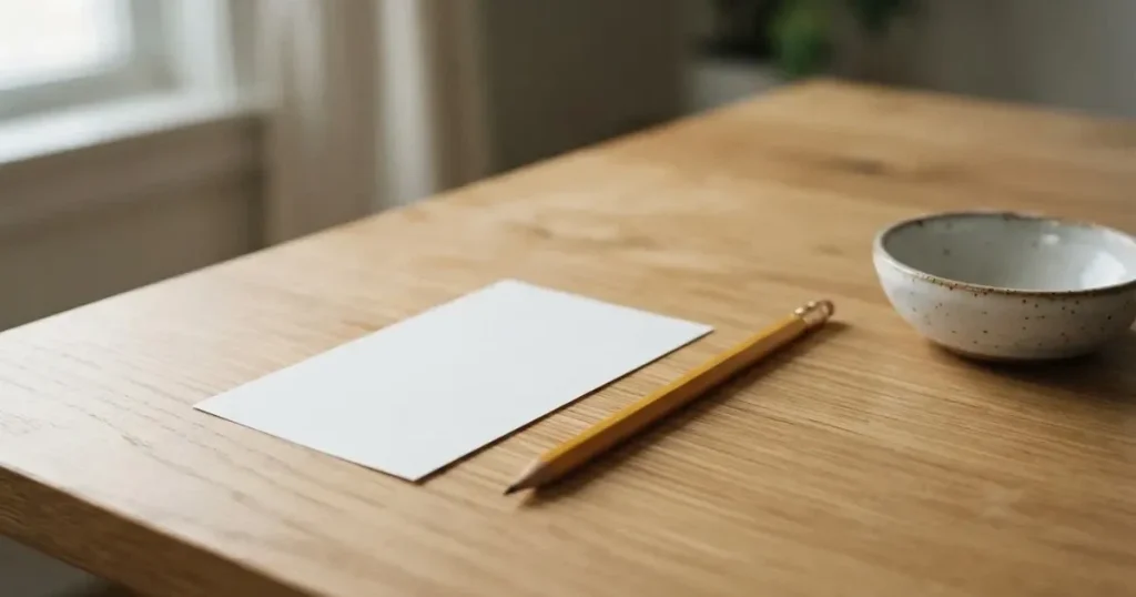 Ein blanker Wettschein aus Papier liegt neben einem Bleistift auf einem hellen Holztisch, daneben eine kleine Schale, ohne erkennbare Schrift.