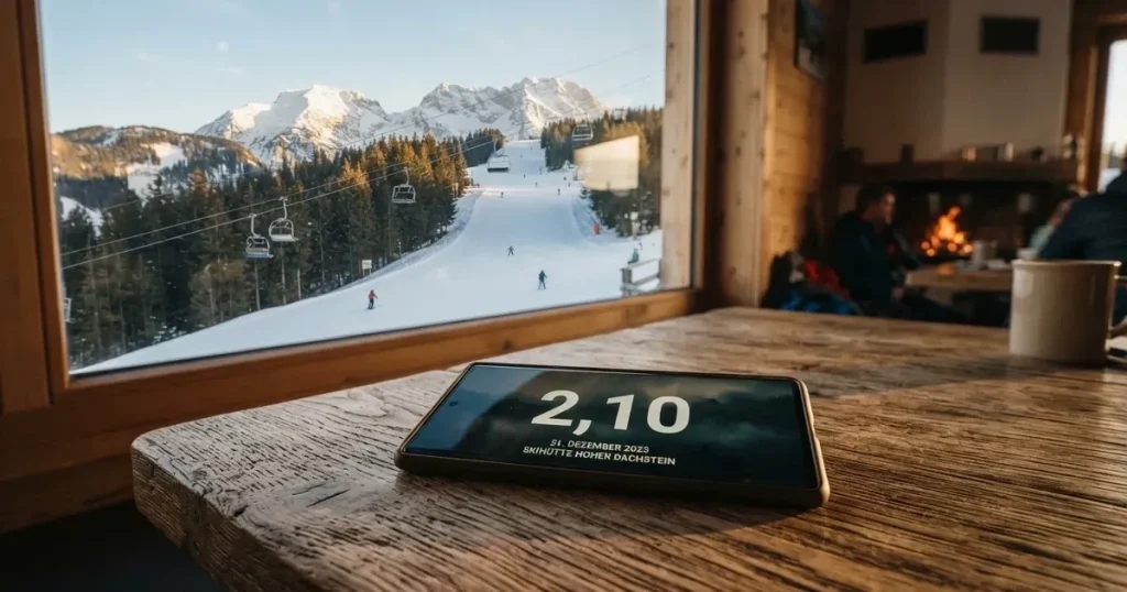 Ein verschneiter Skihang im Winterlicht mit einer leeren Liftspur, im Hintergrund Nadelwald und klarer Himmel, keine Personen.