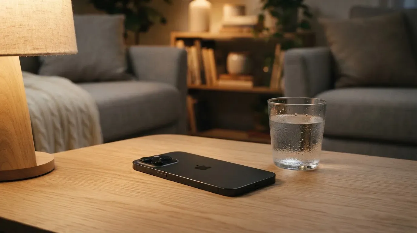Ein Smartphone liegt mit dem Display nach unten auf einem Holztisch neben einem Glas Wasser, ruhige Abendstimmung in einem Wohnzimmer.