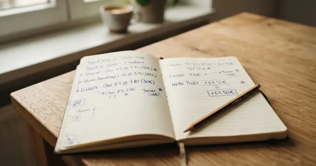 Ein Notizbuch mit handschriftlichen Stichpunkten und kleinen Skizzen liegt neben einem Bleistift auf einem hellen Tisch, Tageslicht von der Seite.