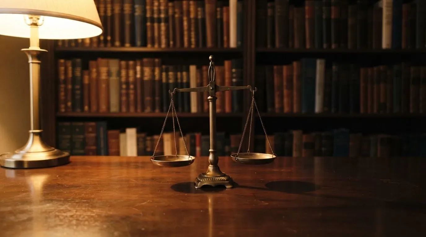 Eine kleine Messingwaage steht auf einem dunklen Holztisch vor einem Bücherregal, warmes Lampenlicht, keine lesbaren Titel.