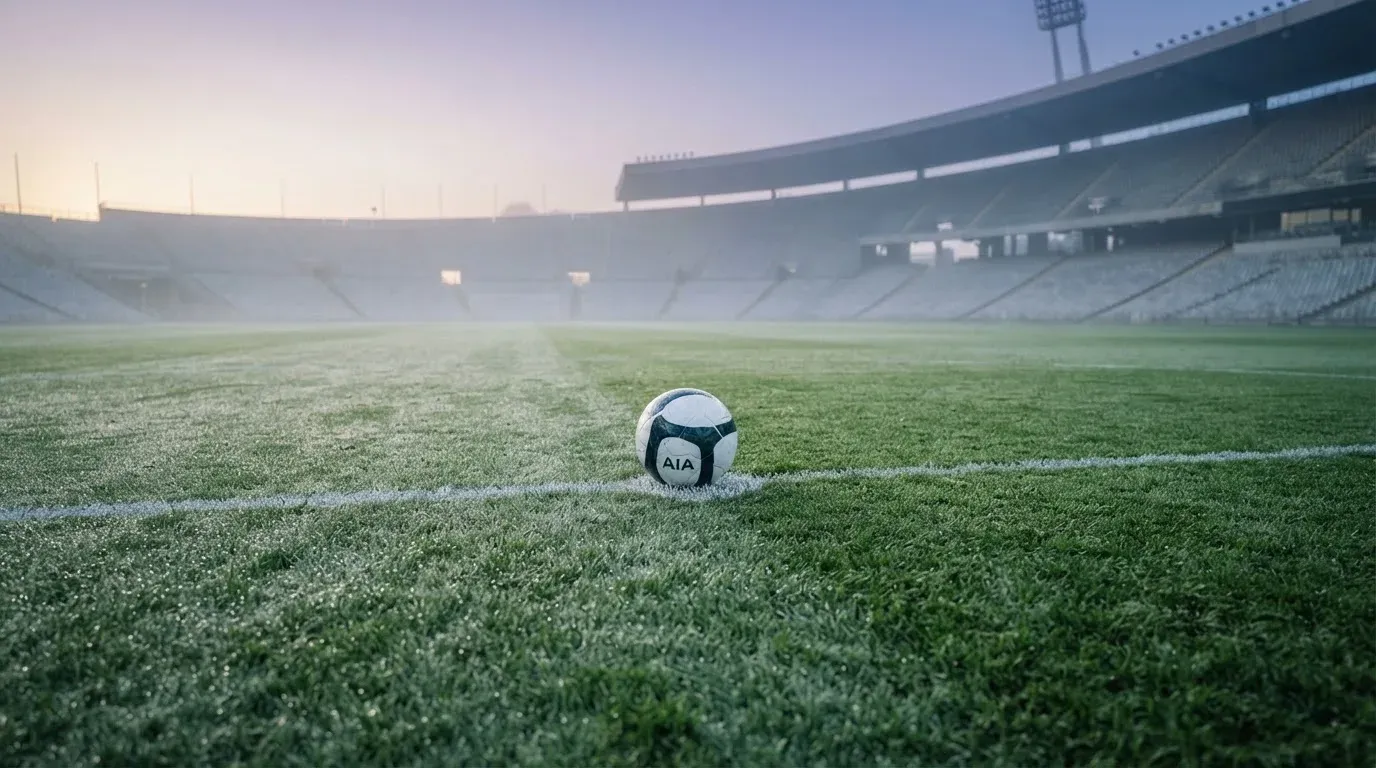 Ein Fußball auf dem Mittelpunkt eines Rasenplatzes, früher Morgen, Tau auf dem Gras, im Hintergrund leere Tribünen.