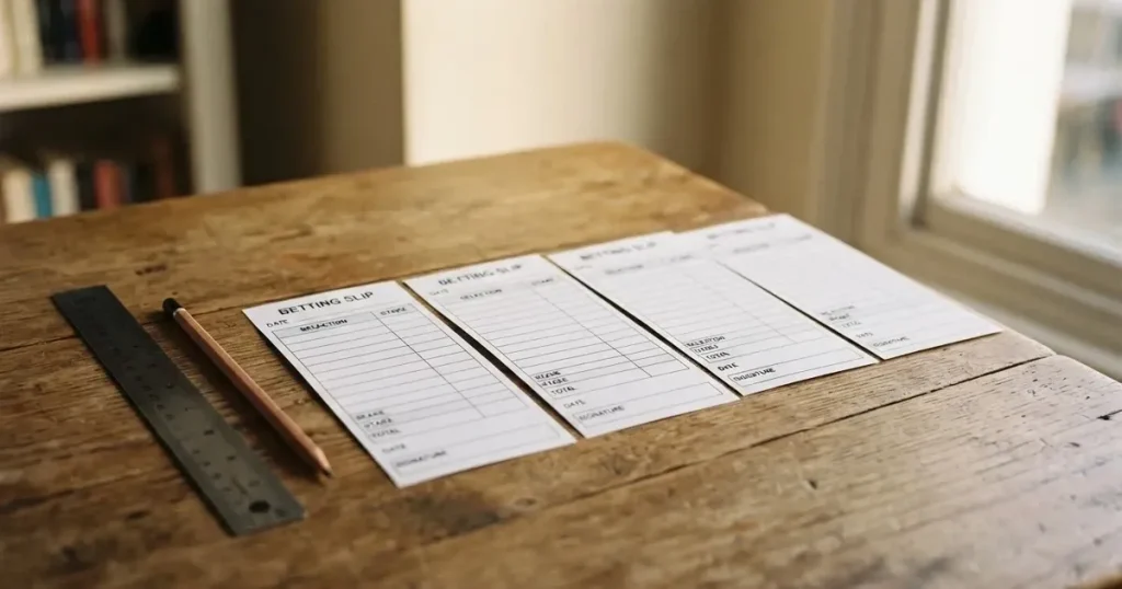 Mehrere leere Wettscheine aus Papier liegen nebeneinander auf einem hellen Tisch, daneben ein Lineal und ein Bleistift, ohne erkennbare Schrift.