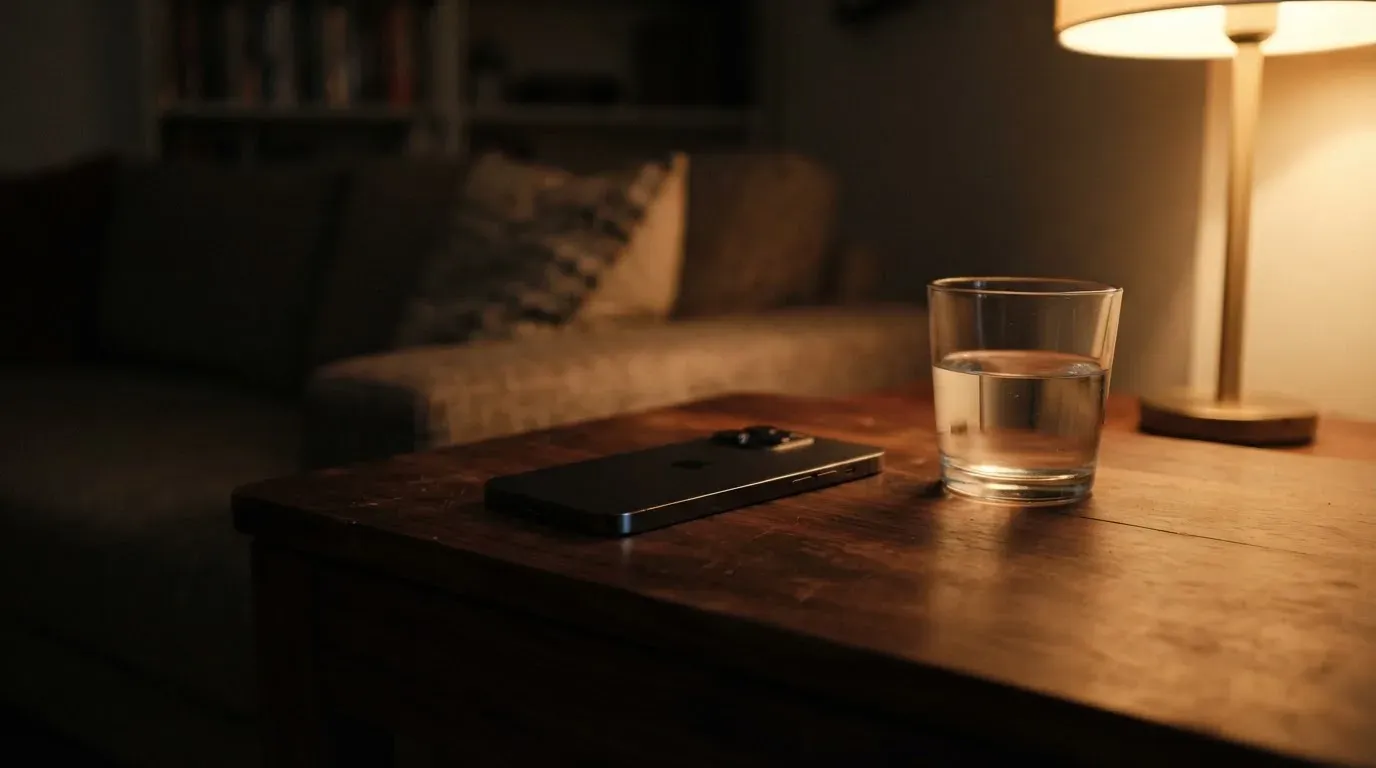 Ein Smartphone liegt mit dem Display nach unten auf einem Holztisch neben einem Glas Wasser, ruhige Abendstimmung in einem Wohnzimmer.