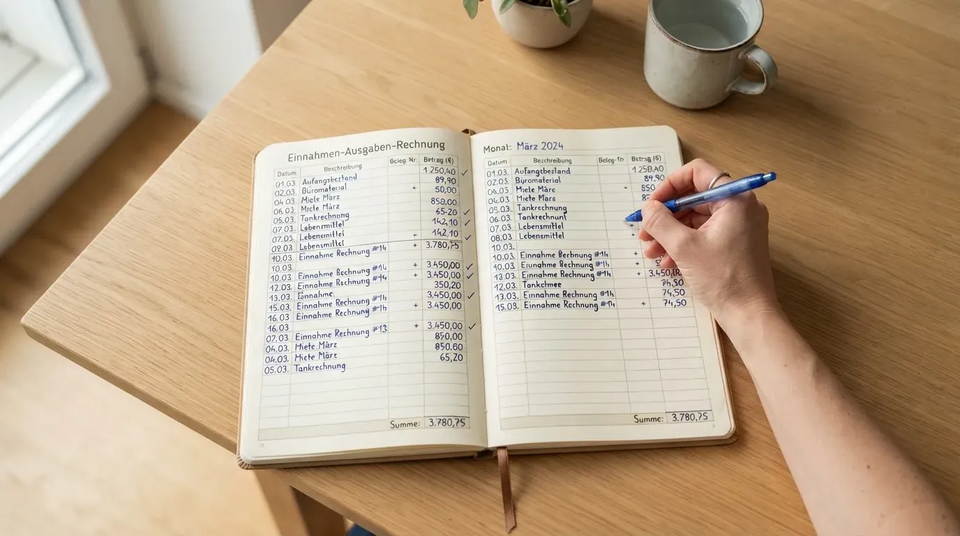 Ein Notizbuch mit handgeschriebenen Zahlenreihen liegt neben einem Taschenrechner und einem Bleistift auf einem hellen Tisch, Tageslicht von der Seite.