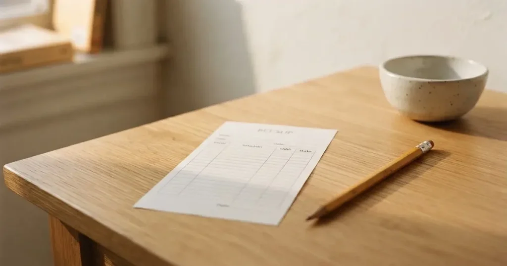 Ein blanker Wettschein aus Papier liegt neben einem Bleistift auf einem hellen Holztisch, daneben eine kleine Schale, ohne erkennbare Schrift.