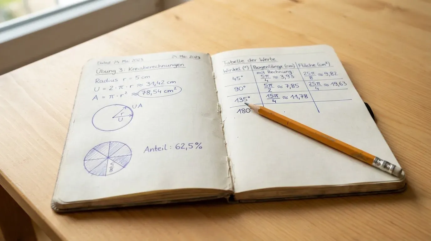Ein aufgeschlagenes Notizbuch mit handschriftlichen Notizen und einfachen Skizzen liegt neben einem Bleistift auf einem hellen Holztisch.