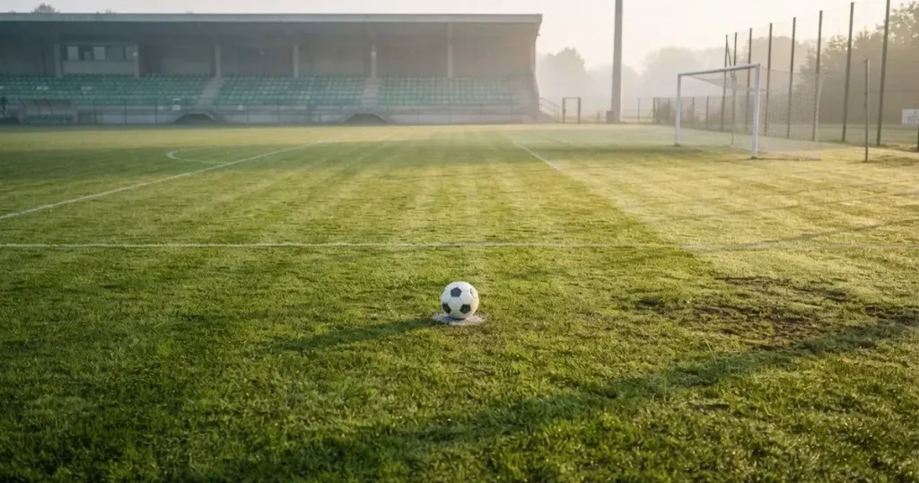 Ein Fußball liegt auf dem Elfmeterpunkt eines leeren Rasenplatzes im Morgenlicht, dahinter eine ruhige Tribüne ohne Zuschauer.